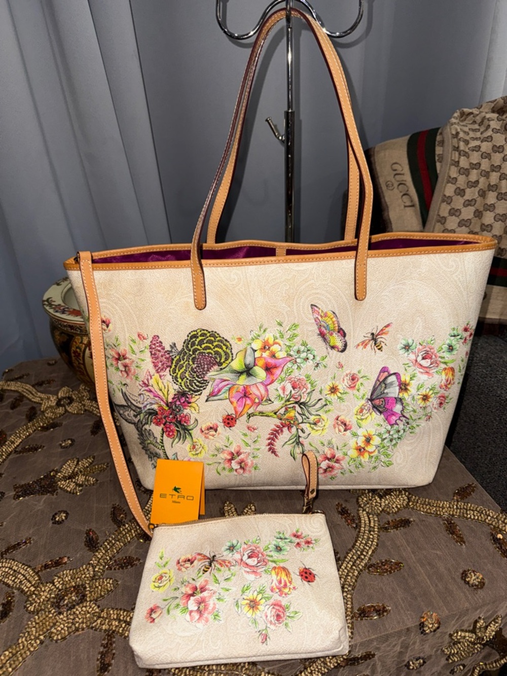 Floral Butterfly Canvas Tote with Pouch - Cream - Picture 16 of 16